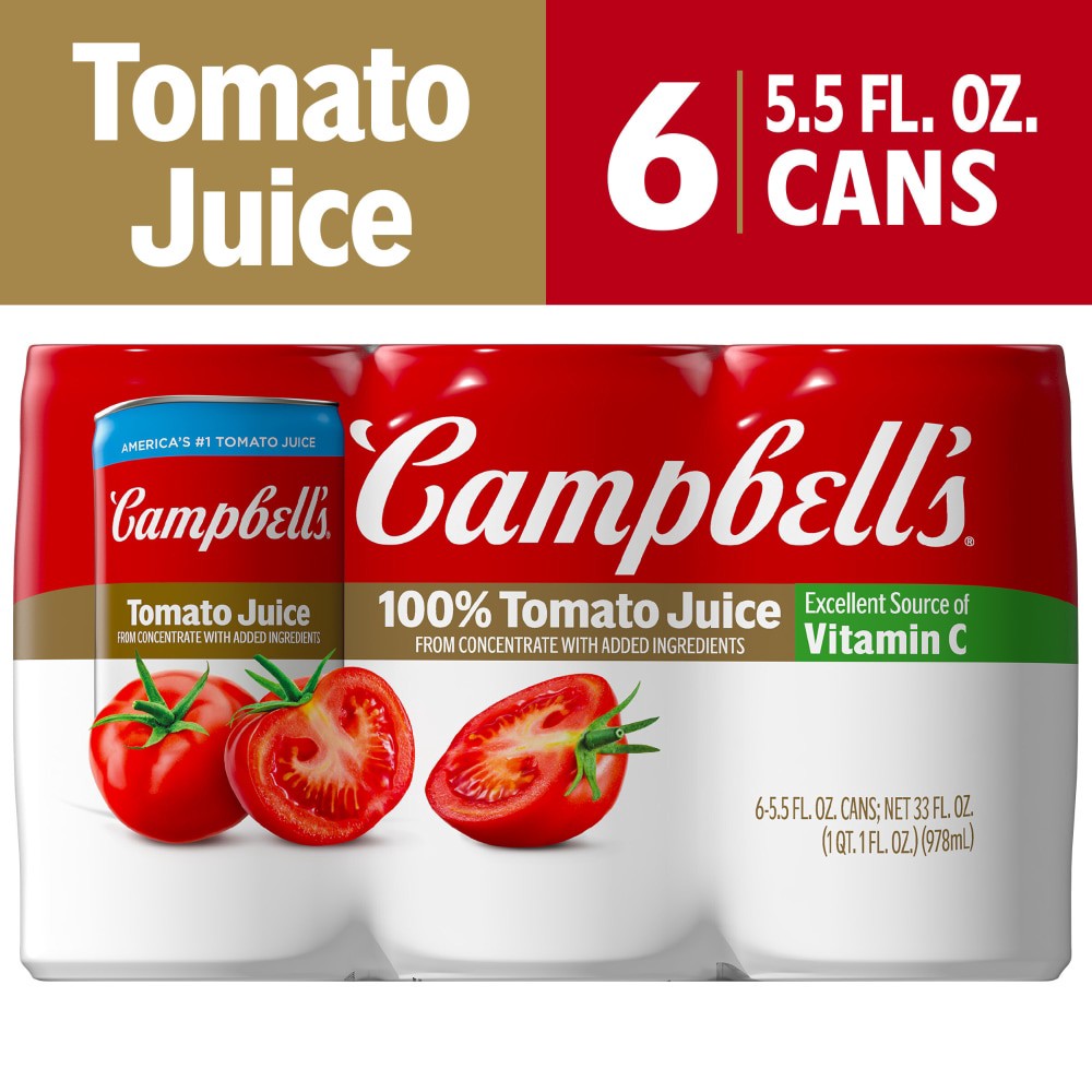 slide 6 of 6, Campbell's 100% Tomato Juice, 5.5 fl oz Can (6 Pack), 33.000 fl oz