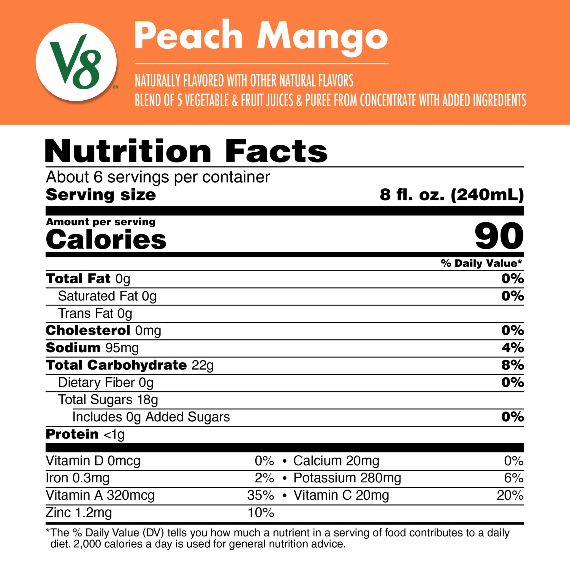 slide 5 of 5, V8 Peach Mango 100% Fruit and Vegetable Juice, 46.000 fl oz