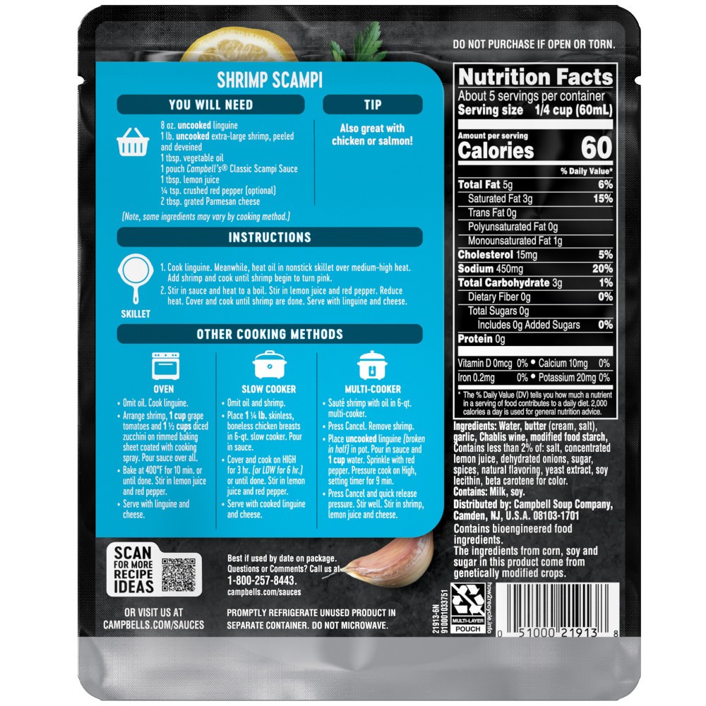 slide 3 of 6, Campbell's Cooking Sauces, Classic Shrimp Scampi Sauce, 11 Oz Pouch, 11 oz