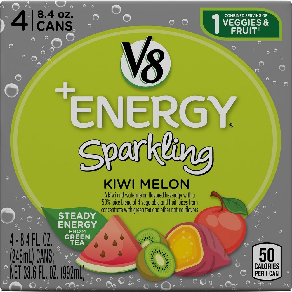 slide 8 of 8, V8 +Energy Sparkling Kiwi Melon Juice, 4 ct; 8.4 fl oz