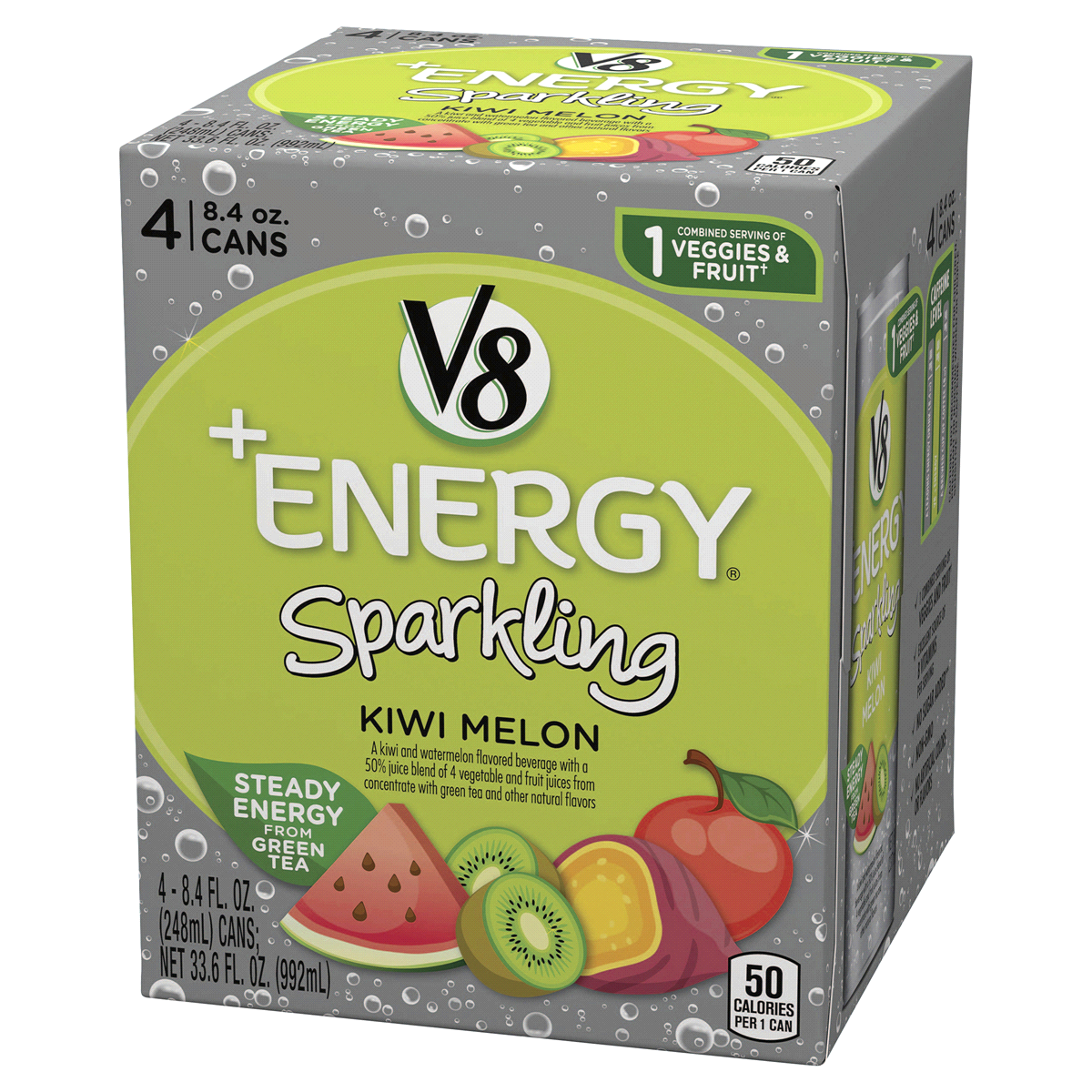 slide 2 of 8, V8 +Energy Sparkling Kiwi Melon Juice, 4 ct; 8.4 fl oz