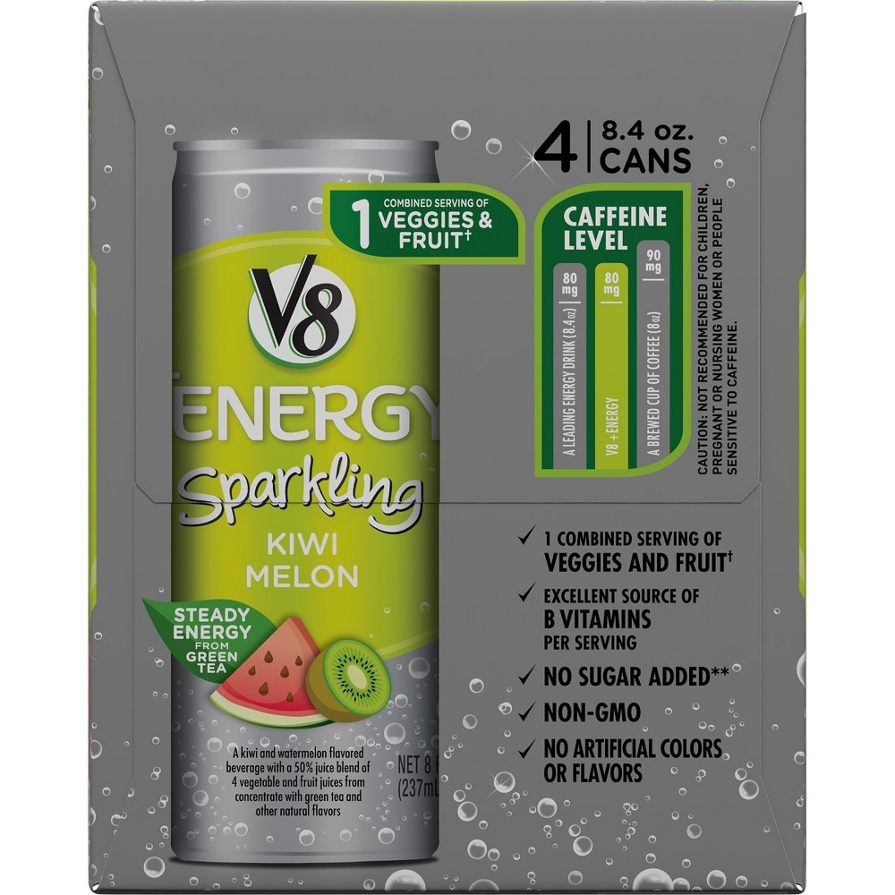 slide 3 of 8, V8 +Energy Sparkling Kiwi Melon Juice, 4 ct; 8.4 fl oz