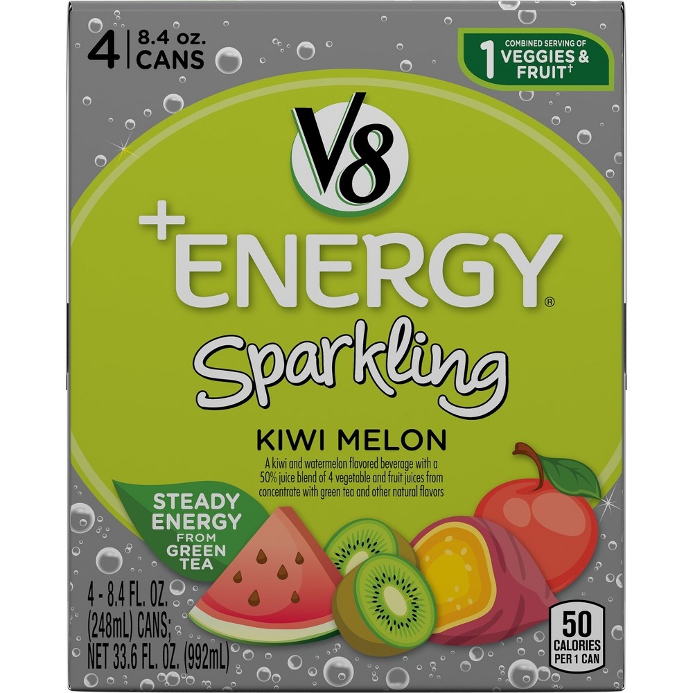 slide 5 of 8, V8 +Energy Sparkling Kiwi Melon Juice, 4 ct; 8.4 fl oz