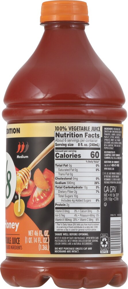 slide 2 of 2, V8, 100% Vegetable Juice, Hot Honey, Medium, 46 oz