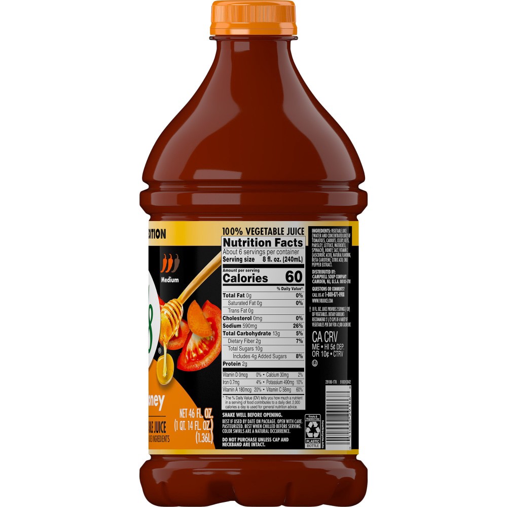 slide 2 of 2, V8, 100% Vegetable Juice, Hot Honey, Medium, 46 oz