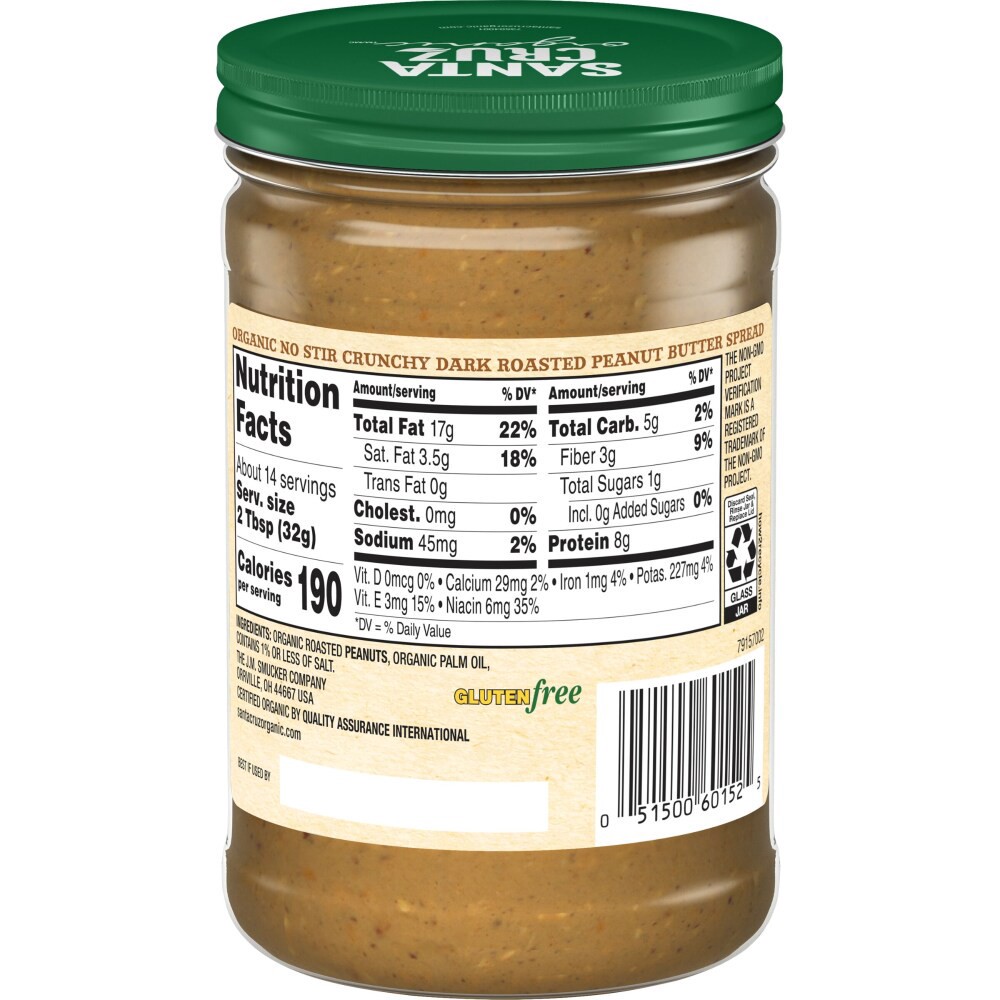 slide 3 of 3, Santa Cruz Organic No Stir Crunchy Dark Roasted Peanut Butter Spread, 16 Ounces, 16 oz