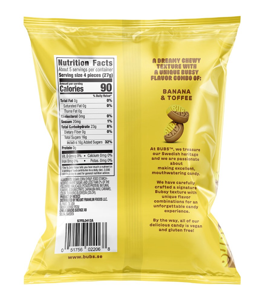slide 3 of 5, BUBS Banana Toffee flavored Swedish Gummies Candy Bag, 5.5 oz