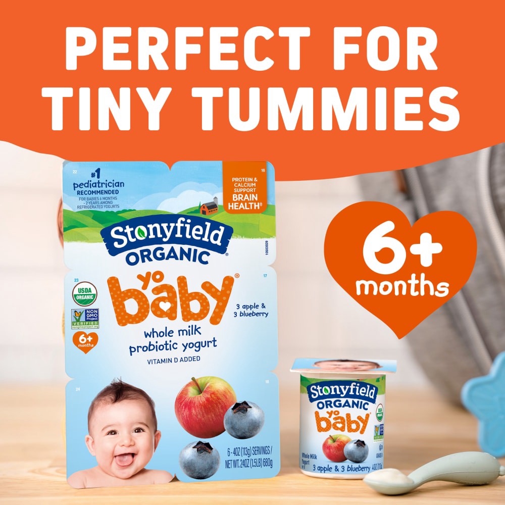 slide 4 of 6, Stonyfield Organic YoBaby 6+ Months Whole Milk Apple & Blueberry Yogurt 6 - 4 oz Cups, 6 ct; 4 oz