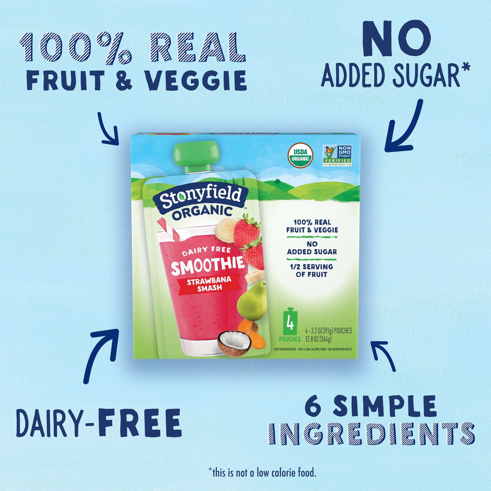 slide 4 of 6, Stonyfield Organic Dairy Free Smoothie Pouches, Strawbanana Smash, 3.2 oz., 4 Ct, 4 ct