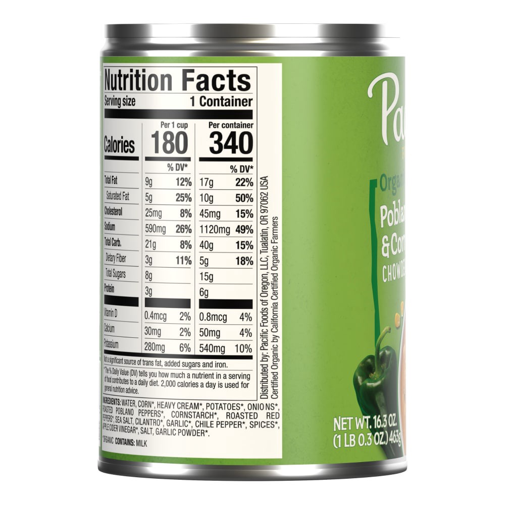 slide 4 of 6, Pacific Foods Organic Poblano Pepper and Corn Chowder, 16.3 oz Can, 16.300 oz