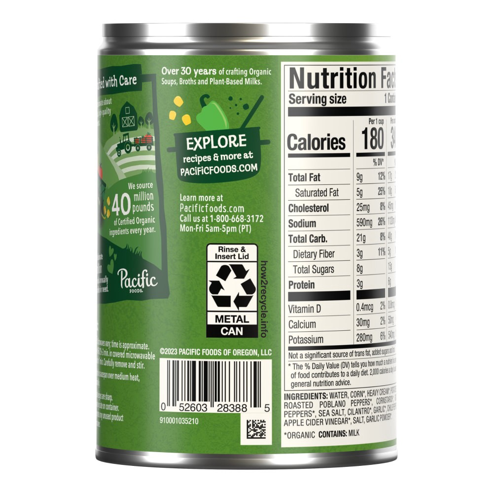 slide 6 of 6, Pacific Foods Organic Poblano Pepper and Corn Chowder, 16.3 oz Can, 16.300 oz