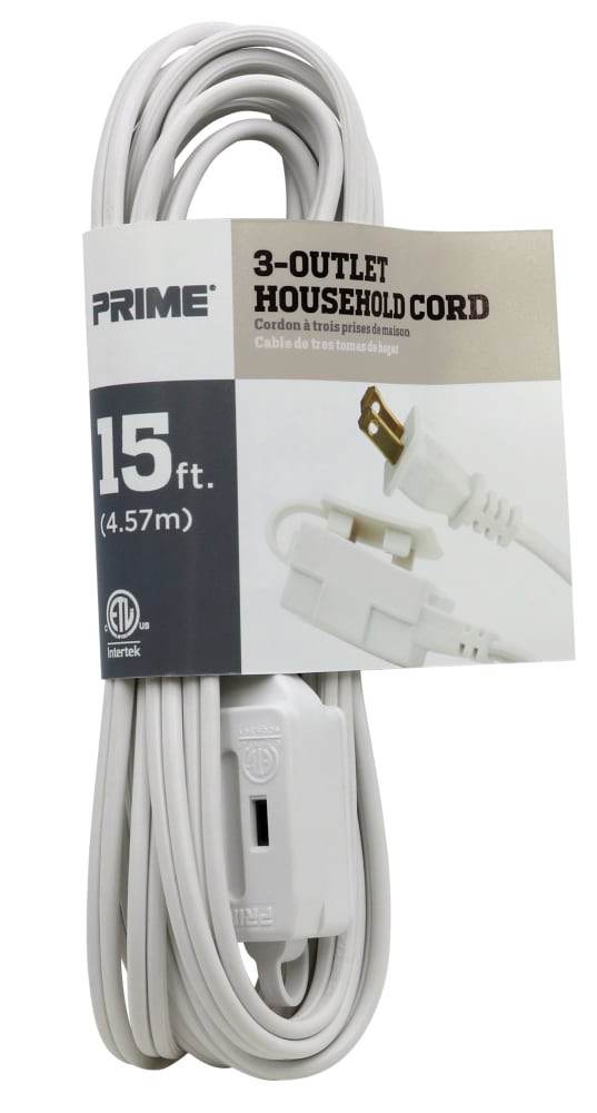slide 2 of 2, Prime 3-Outlet Household Extension Cord - White, 15 ft