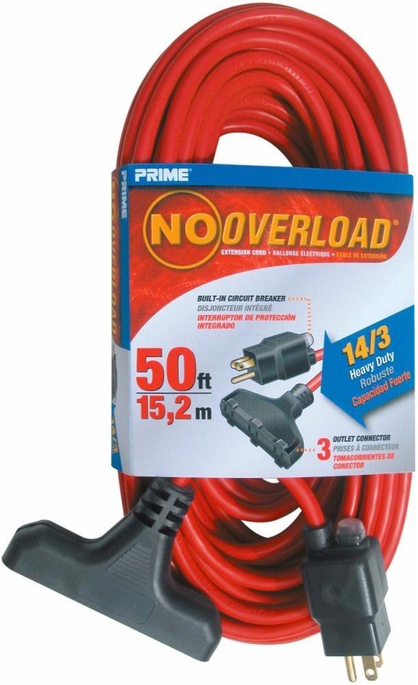 slide 1 of 1, Prime Wire & Cable No Overload Triple-Tap Circuit Breaker Extension Cord - Sjtw 14/3 - 50 Foot, 50 ft
