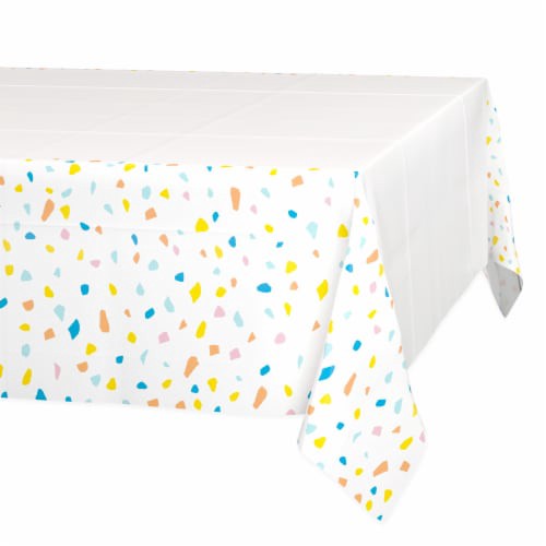 slide 1 of 1, American Greetings 54" x 84" Plastic Table Cover, White with Colorful Confetti Border, 1 CT