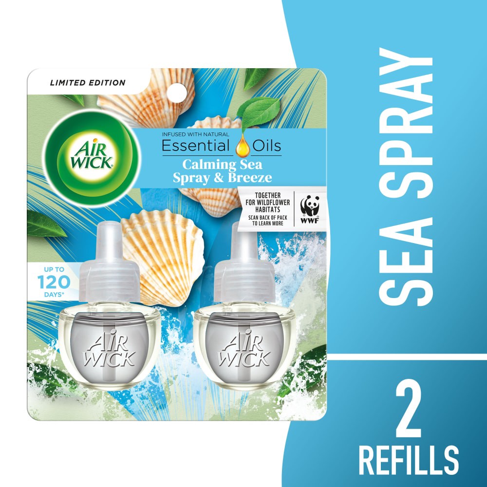 slide 4 of 5, Air Wick Essential Oils Calming Sea Spray & Breeze Air Freshener Pack, 2 ct; 1.34 fl oz