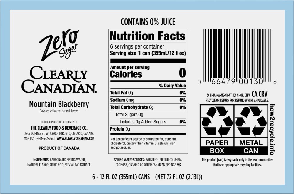 slide 2 of 2, Clearly Canadian Zero Sugar Mountain Blackberry Sparkling Water 355mL 6 Pack Cans, 6 ct; 12 oz