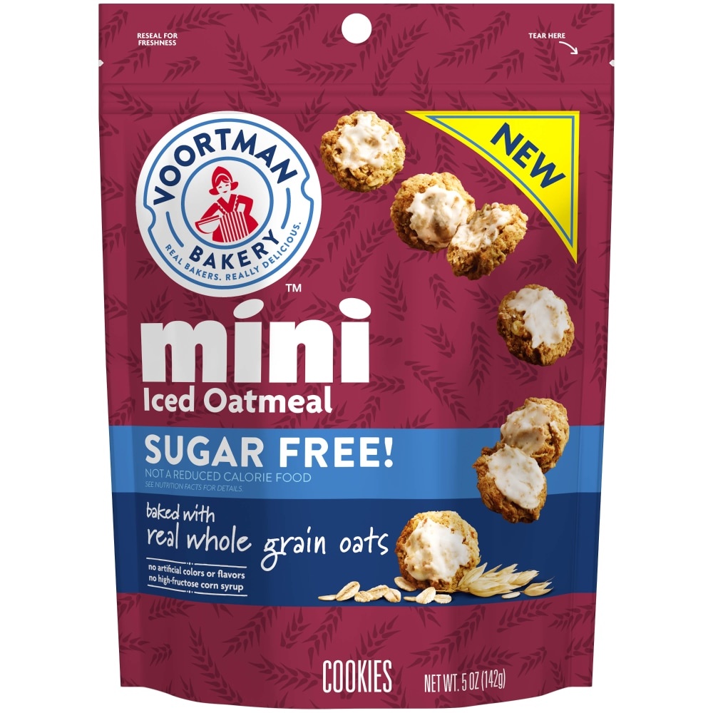 slide 2 of 6, VOORTMAN Bakery Zero Sugar Mini Iced Oatmeal Cookies, Baked with Real Whole Grain Oats, Resealable Bag, 5 oz, 8 oz