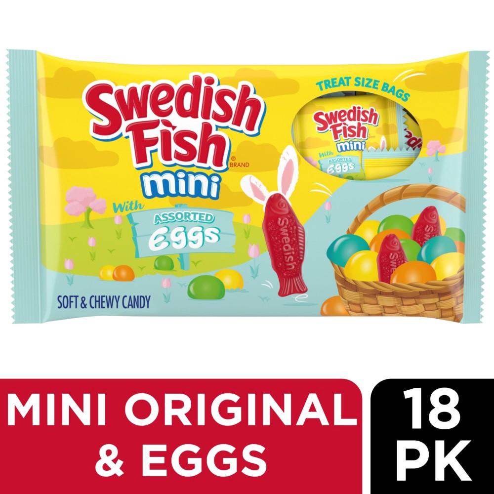 slide 1 of 6, SWEDISH FISH Mini with Assorted Eggs Soft & Chewy Easter Candy Treat Size Bags, 7.94 oz