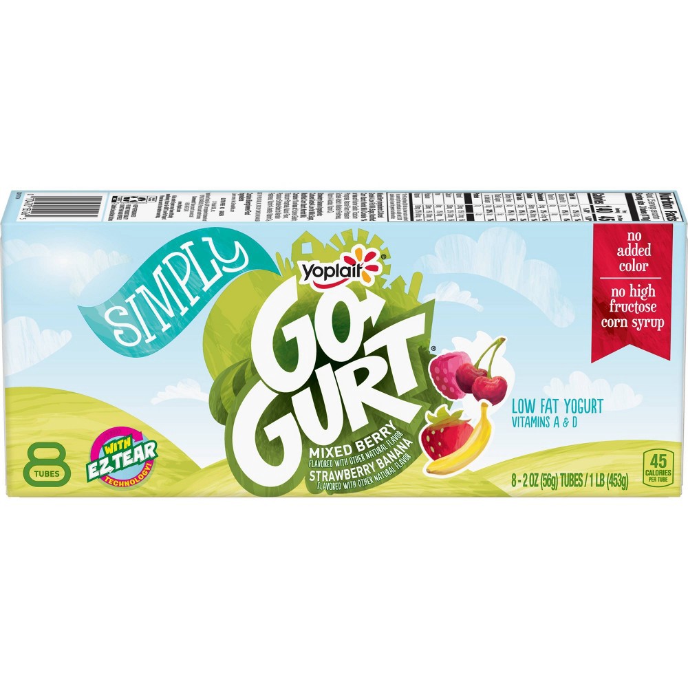 slide 3 of 3, Go-Gurt Simply Go-GURT Mixed Berry and Strawberry Banana Kids Low Fat Yogurt Variety Pack, Gluten Free, 2 oz Yogurt Tubes (8 Count), 8 ct