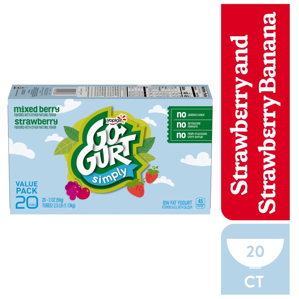 slide 3 of 6, Go-Gurt Simply Go-GURT Strawberry and Mixed Berry Kids Low Fat Yogurt Variety Pack, Gluten Free, 2 oz Yogurt Tubes (20 Count), 20 ct