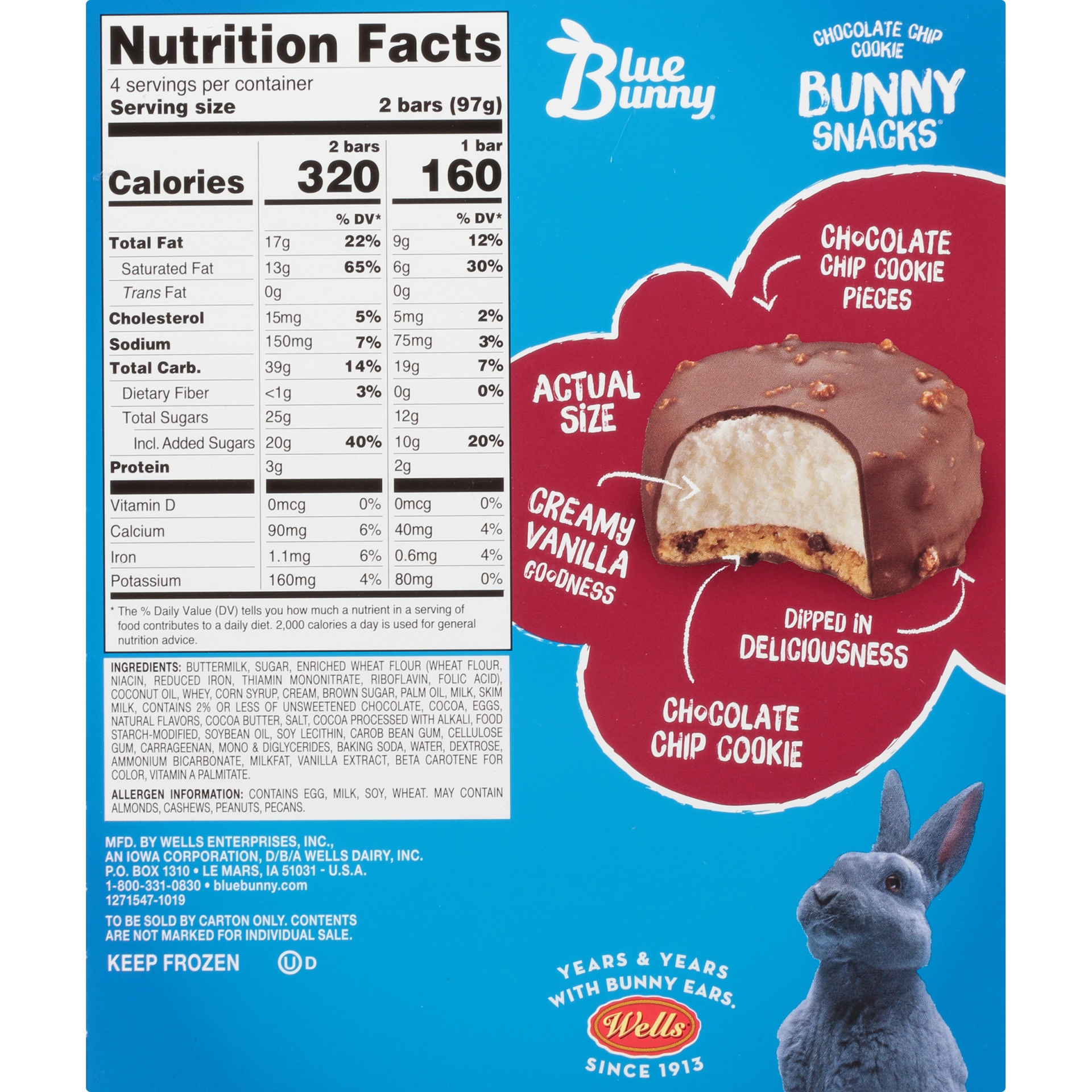 slide 3 of 7, Blue Bunny Bunny Snacks Chocolate Chip Cookie Reduced Fat Ice Cream , 19.2 fl oz; 8 ct
