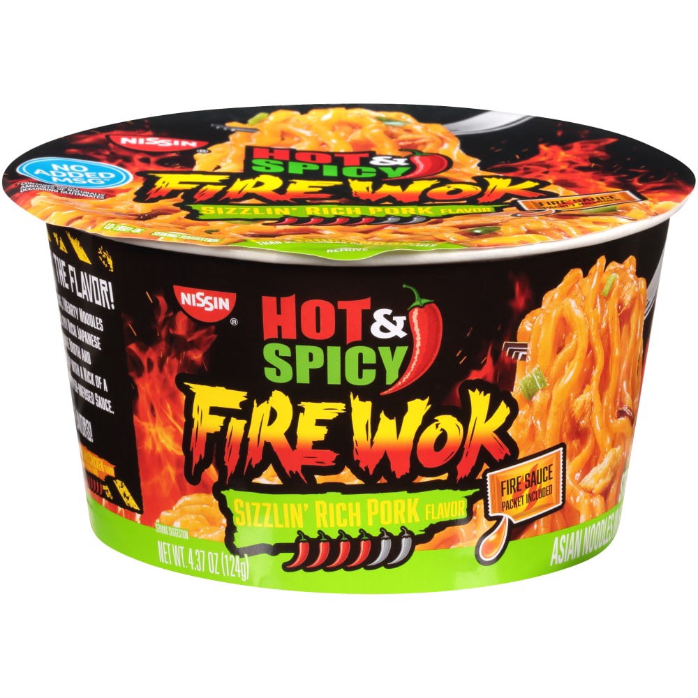 slide 2 of 4, Nissin Fire Wok Hot & Spicy Sizzlin Rich Pork Flavor Noodles 4.37 oz, 4.37 oz