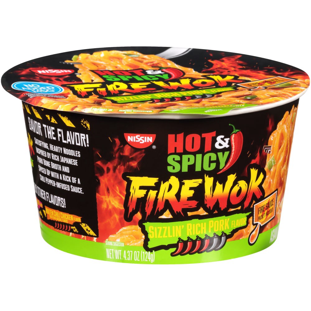 slide 4 of 4, Nissin Fire Wok Hot & Spicy Sizzlin Rich Pork Flavor Noodles 4.37 oz, 4.37 oz