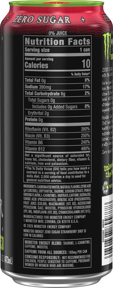 slide 4 of 4, Monster® Zero Sugar Strawberry Shot Energy Drink Can, 16 fl oz