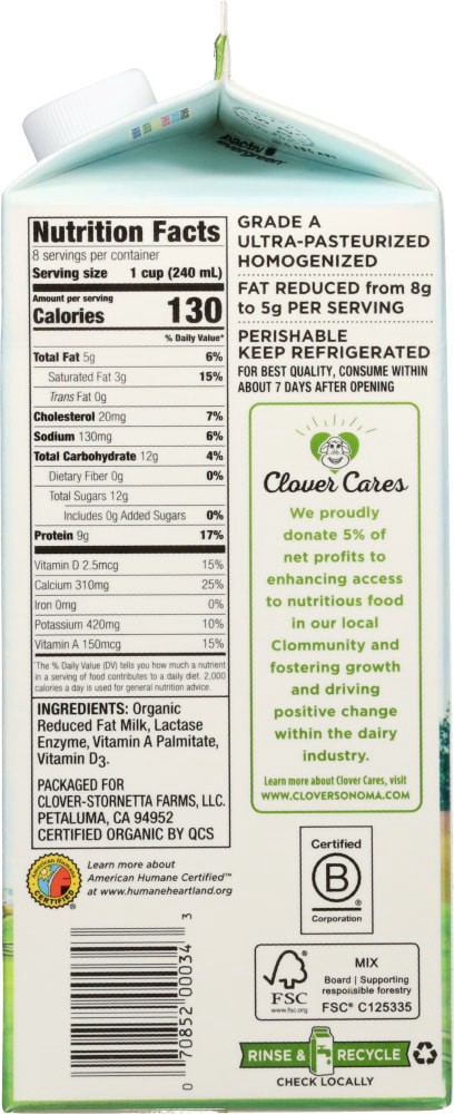 slide 2 of 5, Clover Sonoma Organic Lactose Free 2% Reduced Fat Milk 0.5 gal, 1/2 gal