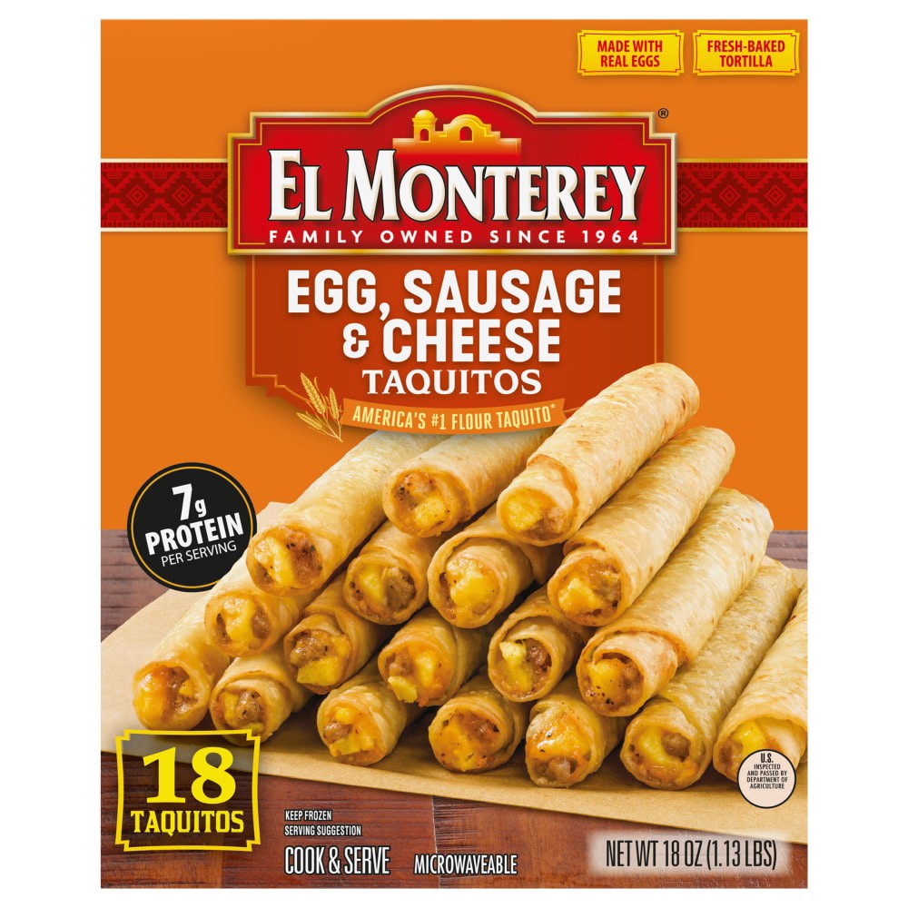 slide 5 of 5, El Monterey Egg, Sausage & Cheese Taquitos, 18 Count (Frozen), 18 oz