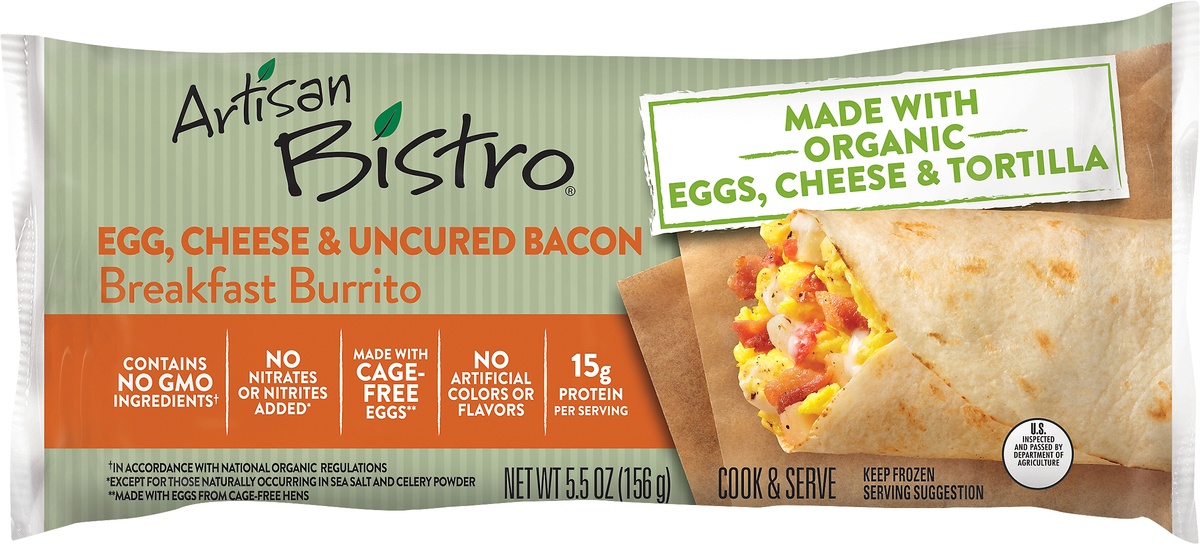 slide 7 of 8, Artisan Bistro Egg Cheese & Uncured Bacon Breakfast Burrito, 5.5 oz