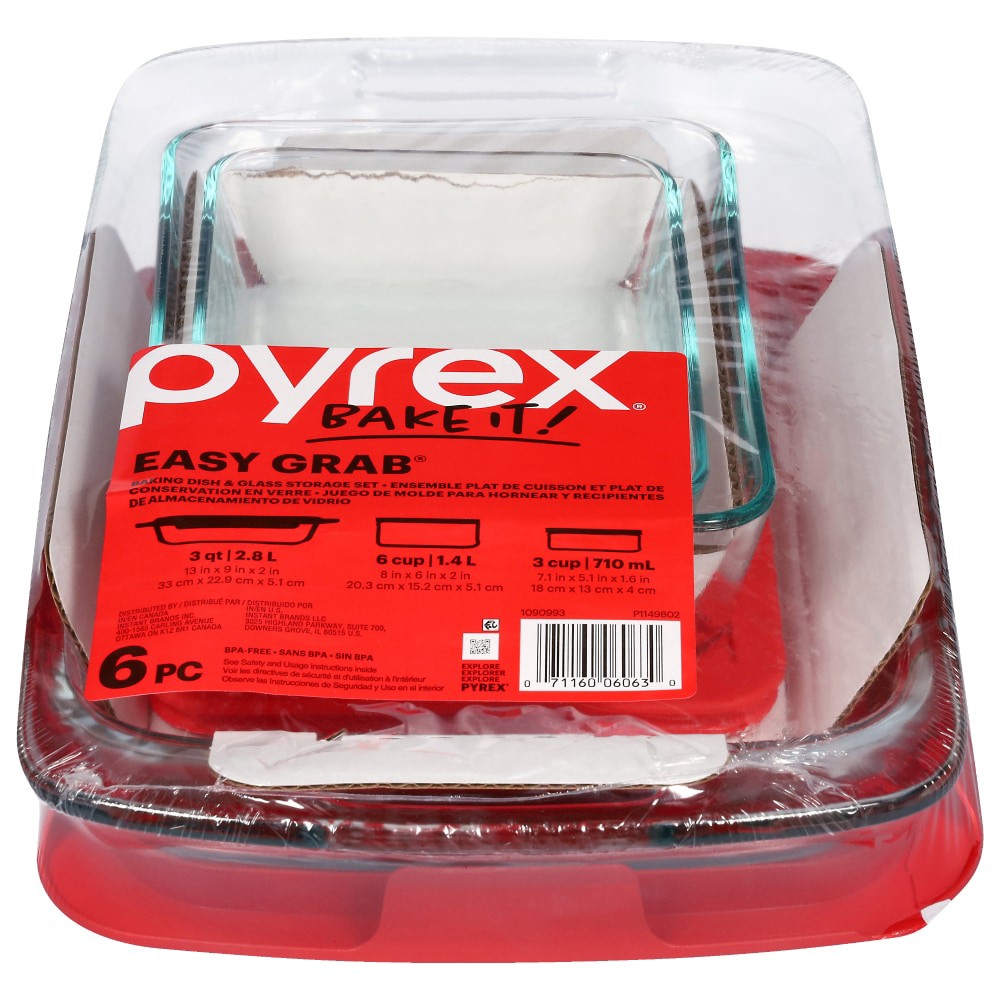 slide 2 of 3, Pyrex Easy Grab 6-Piece Value Pack Covered Storage And Baking Set - Red/Clear, 6 ct