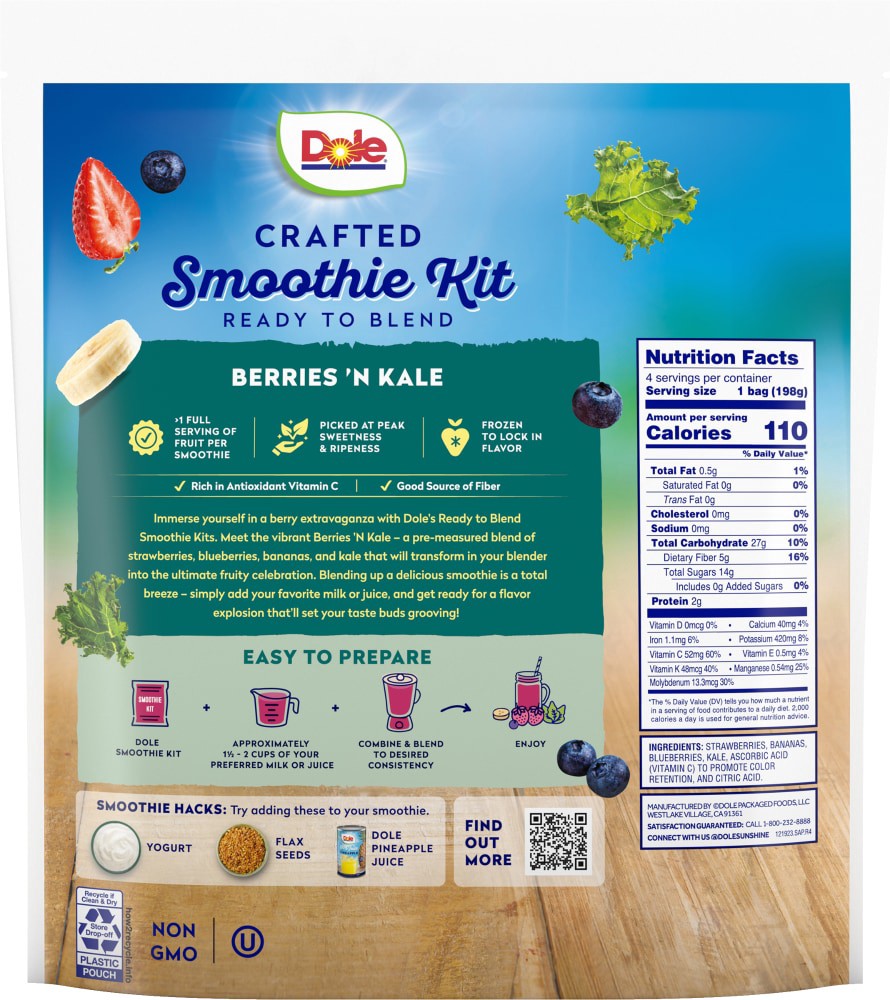 slide 4 of 4, Dole Crafted Smoothies Berries 'N Kale Smoothie, 32 oz