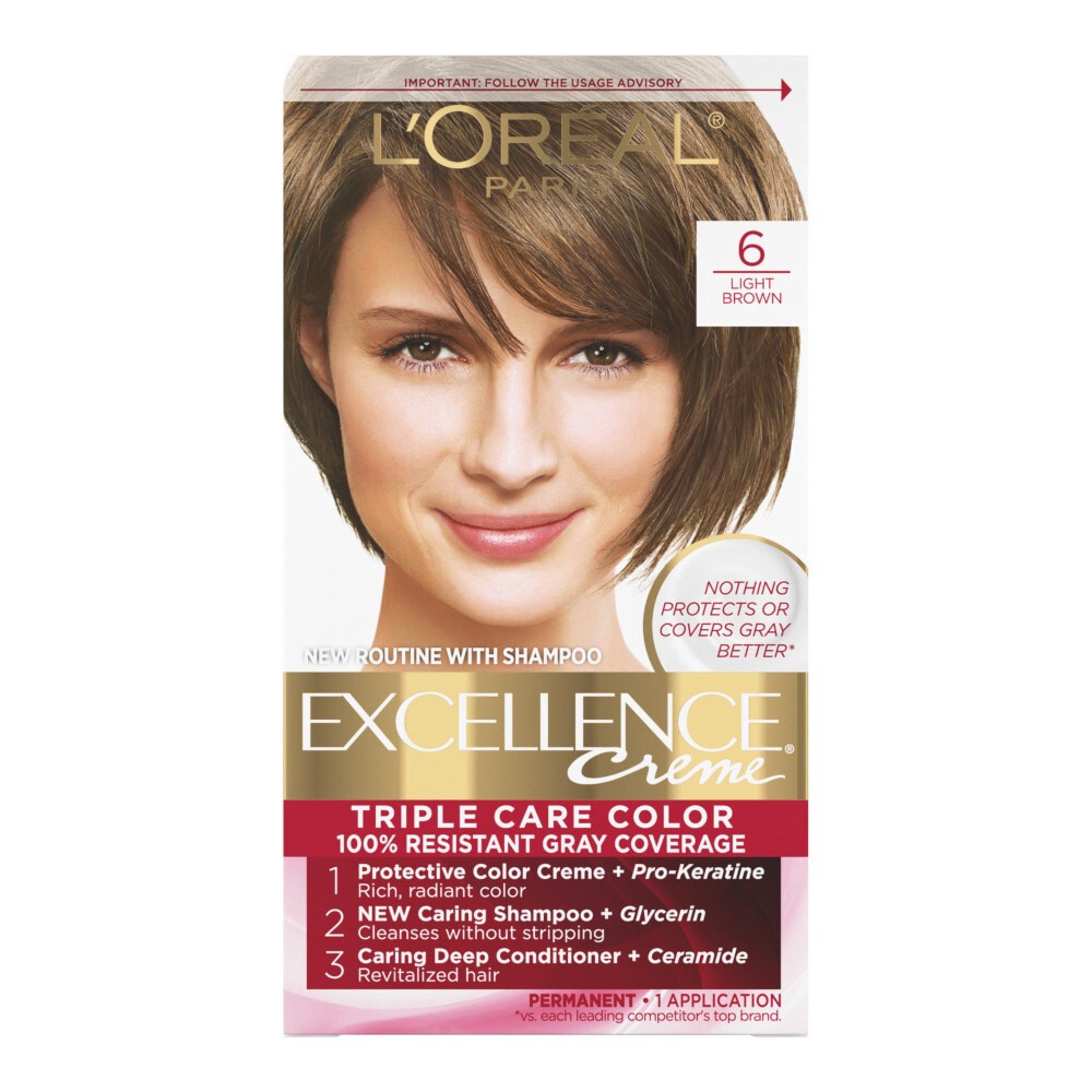 slide 4 of 6, L'Oréal Excellence Triple Protection Permanent Hair Color - 6.3 fl oz - 6 Light Brown - 1 kit, 1 ct