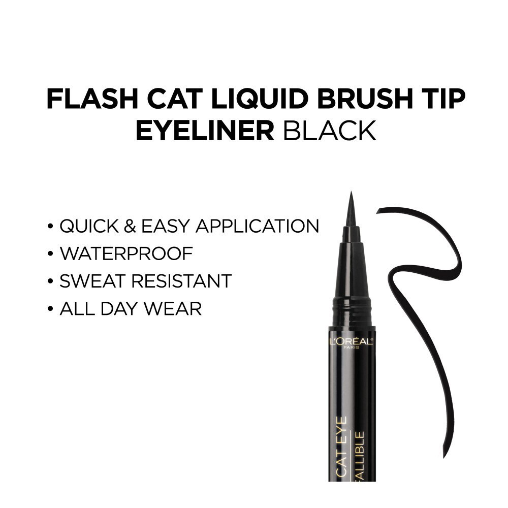 slide 5 of 6, L'Oréal Flash Cat Eye Waterproof Brush Tip Liquid Eyeliner, Black, 0.02 fl oz