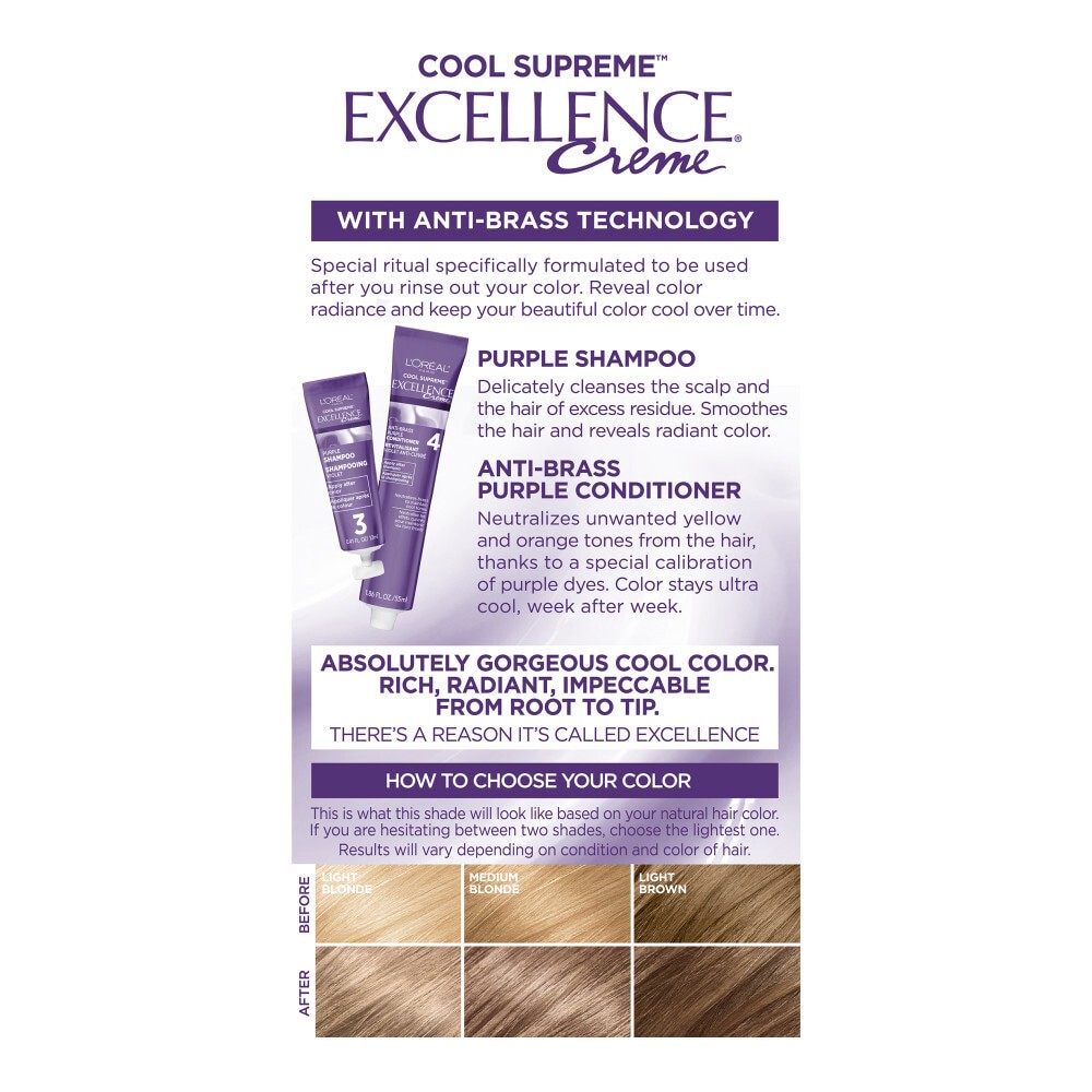 slide 3 of 6, L'Oréal Excellence Cool Supreme Permanent Gray Coverage Hair Color, Ultra Ash Medium Blonde, 1 fl oz
