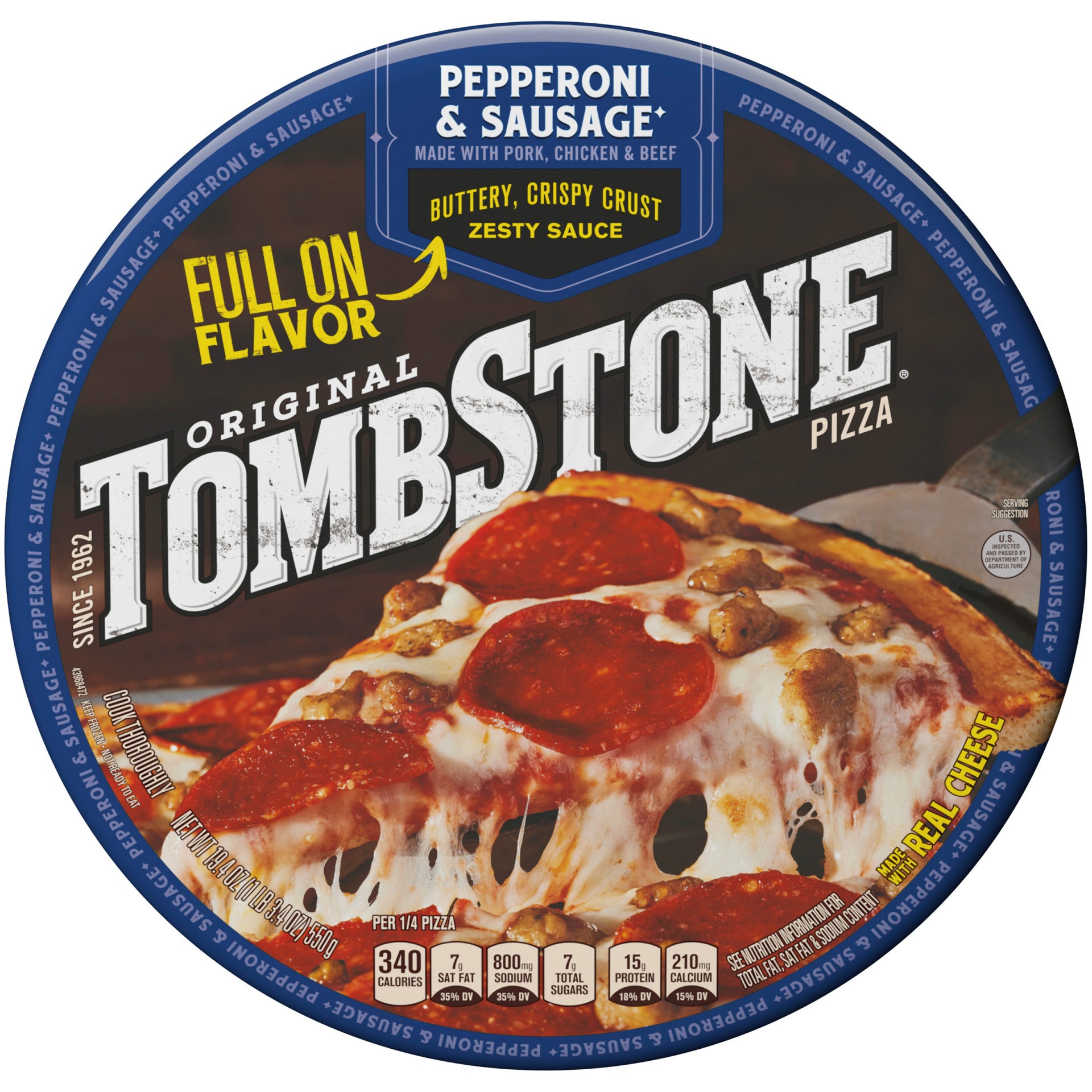 slide 2 of 4, Tombstone Original Crust Pizza, Pepperoni and Sausage Pizza, Freezer Pizza (Frozen), 19.4 oz