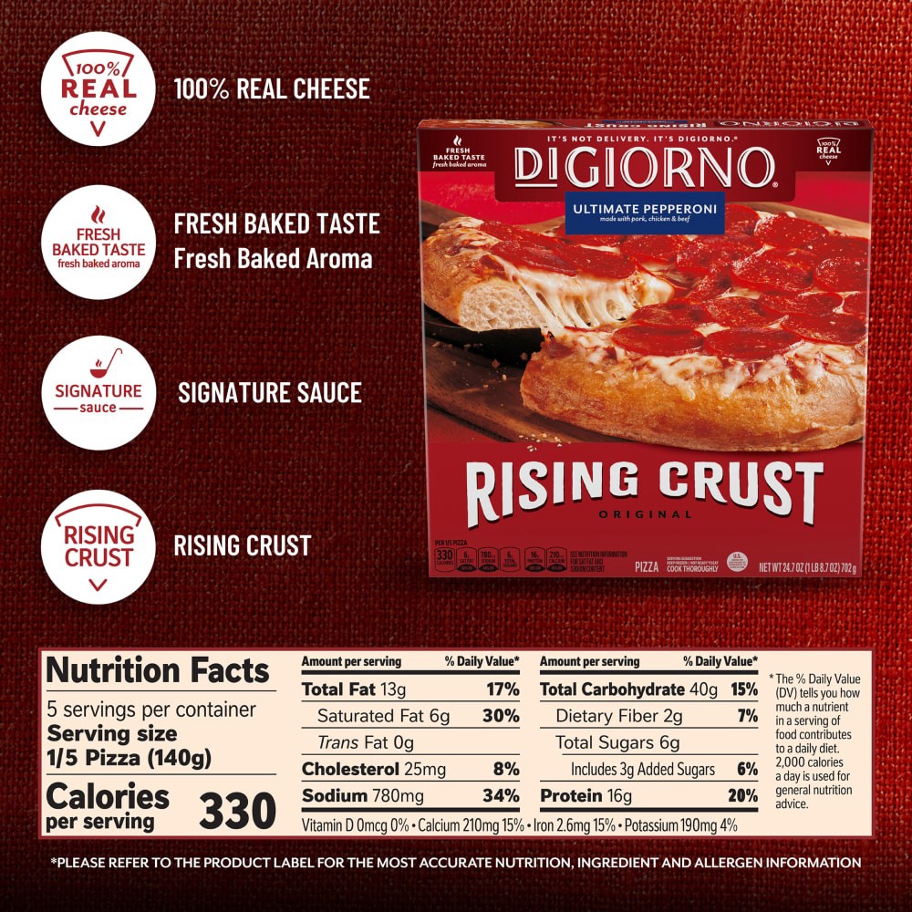 slide 5 of 6, DiGiorno Original Rising Crust Pepperoni Frozen Pizza 12in 24.7oz Pack, 24.7 oz