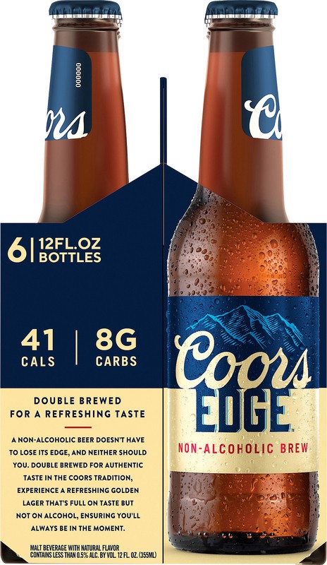 slide 3 of 5, Coors Edge is now launching in the United States. Coors Edge is a non-alcohol beer with the lowest calories and carbohydrates in its class. With only 41 calories and 7 grams of carbs, this is the perfect non alc beverage for any occasion., 6 ct; 12 oz