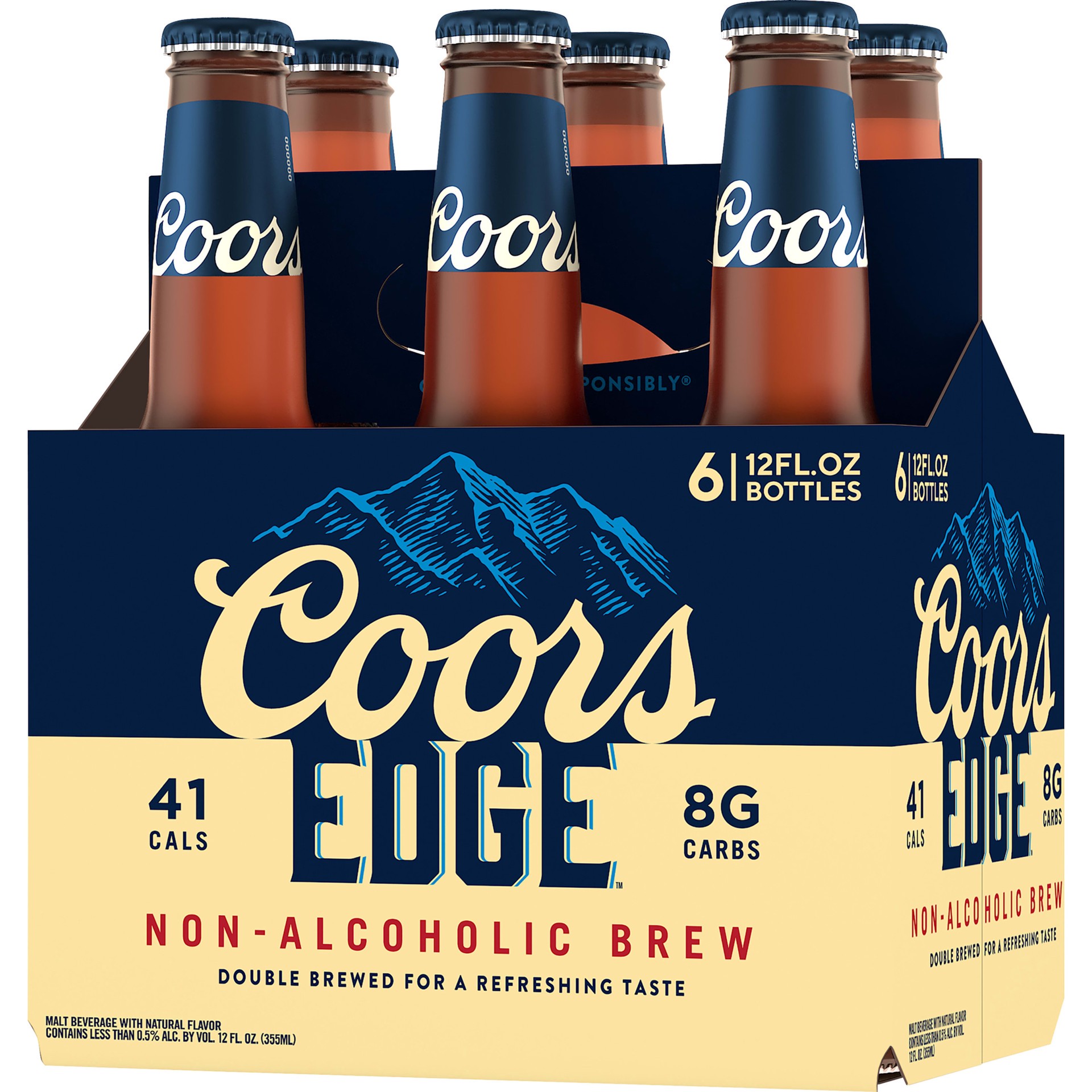 slide 5 of 5, Coors Edge is now launching in the United States. Coors Edge is a non-alcohol beer with the lowest calories and carbohydrates in its class. With only 41 calories and 7 grams of carbs, this is the perfect non alc beverage for any occasion., 6 ct; 12 oz