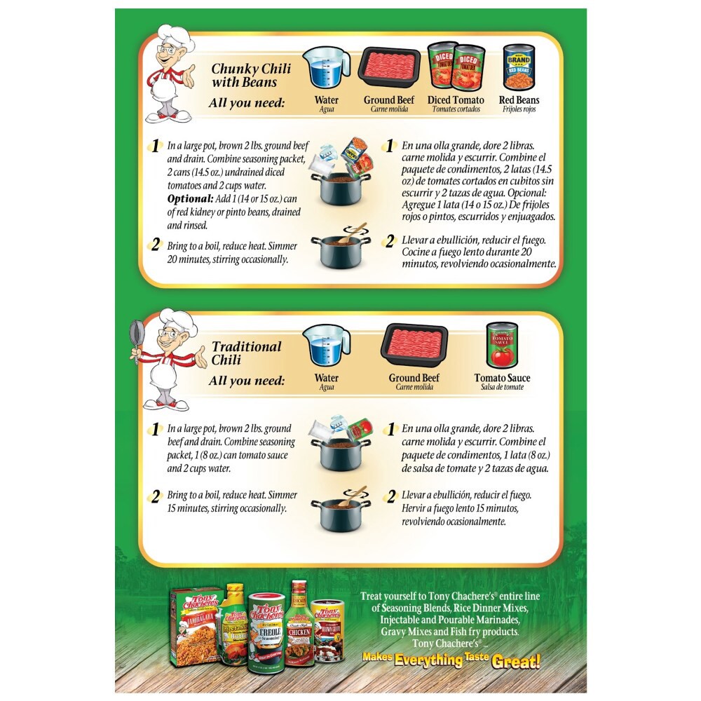 slide 5 of 6, Tony Chachere's Famous Creole Cuisine Mild Chili Seasoning Mix, 2.5 oz