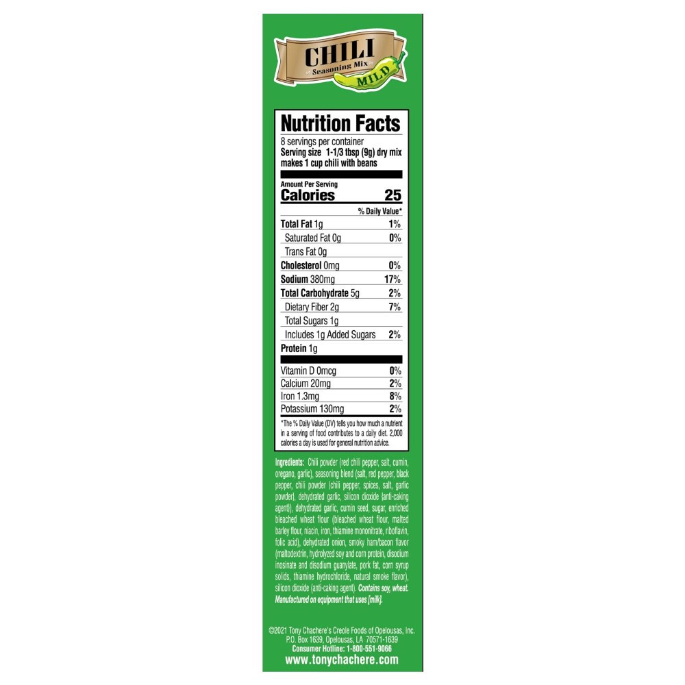 slide 6 of 6, Tony Chachere's Famous Creole Cuisine Mild Chili Seasoning Mix, 2.5 oz