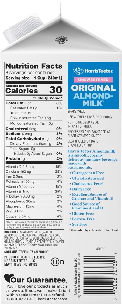 slide 2 of 4, Harris Teeter Almond Milk - Unsweetened - Original Flavor, 1/2 gal