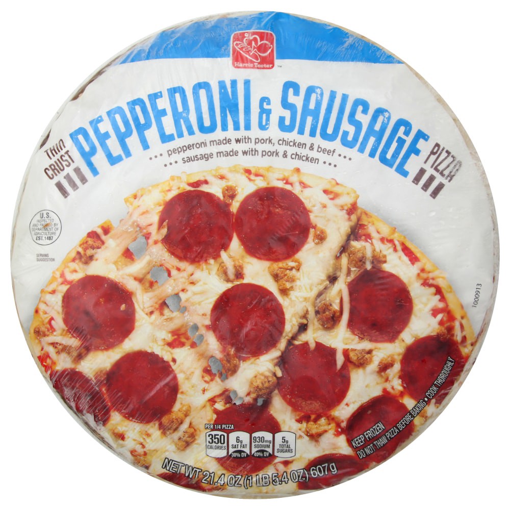 slide 2 of 2, Harris Teeter Thin Crust Pepperoni & Sausage Pizza, 21.04 oz