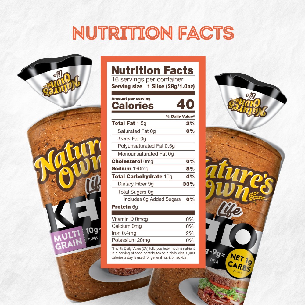 slide 4 of 6, Nature's Own Life Keto Multigrain Bread, Net 1 Carb Sliced Multigrain Keto Bread, 16 oz Loaf, 16 oz