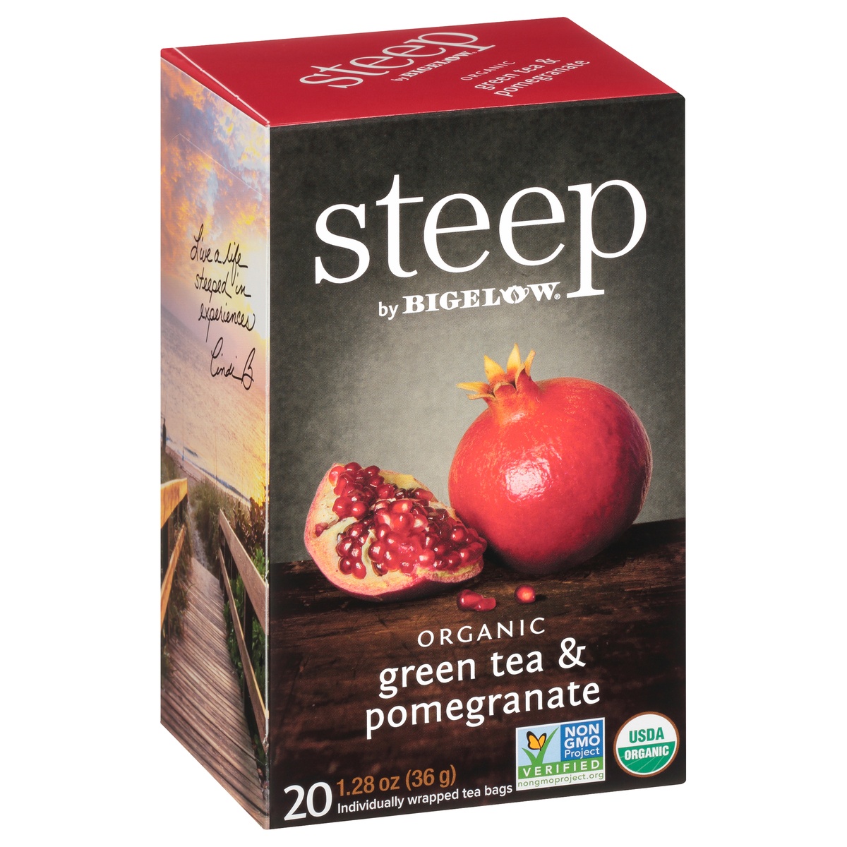 slide 2 of 9, Bigelow Steep With Bigelow Organic Green Tea With Pomegranate Tea Bags 20Pk, 1.28 oz