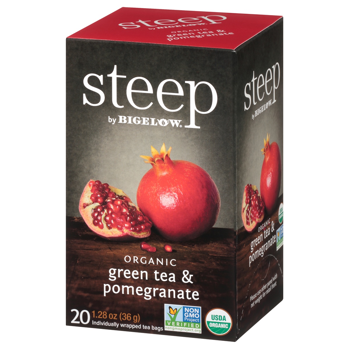 slide 3 of 9, Bigelow Steep With Bigelow Organic Green Tea With Pomegranate Tea Bags 20Pk, 1.28 oz