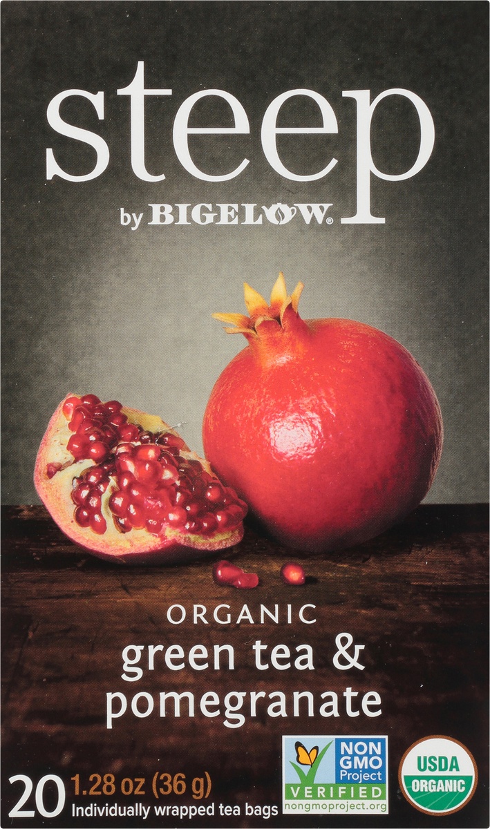 slide 8 of 9, Bigelow Steep With Bigelow Organic Green Tea With Pomegranate Tea Bags 20Pk, 1.28 oz