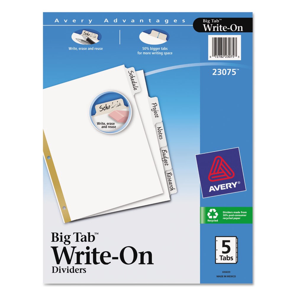 slide 2 of 2, Avery Big Tab Write-On Dividers with Erasable Laminated Tabs White, 5 ct