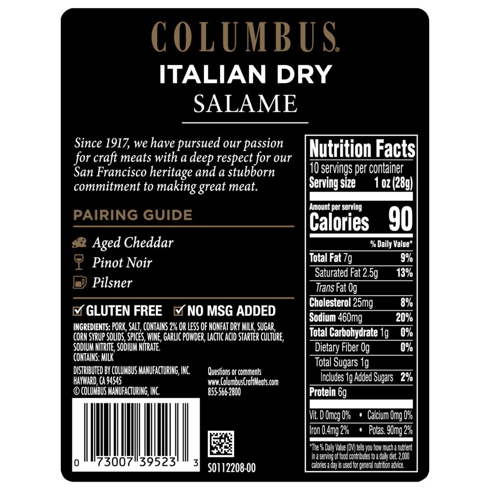 slide 2 of 2, Columbus Pillow Pack Italian Dry Salame, 10 oz